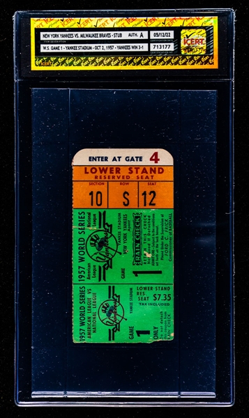 1957 World Series Game 1 Ticket Stub (iCert Certified) - New York Yankees vs Milwaukee Braves - Hank Aaron World Series Debut