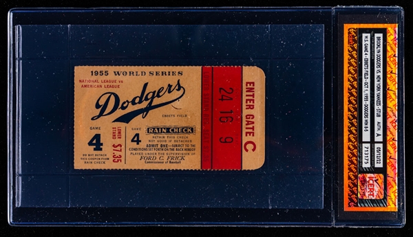 1955 World Series Game 4 Ticket Stub (iCert Certified) - Brooklyn Dodgers vs New York Yankees