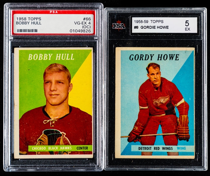 1958-59 Topps Hockey Complete 66-Card Set Including #66 HOFer Bobby Hull Rookie (Graded PSA 4 (OC)) and #8 HOFer Gordie Howe (Graded KSA 5)