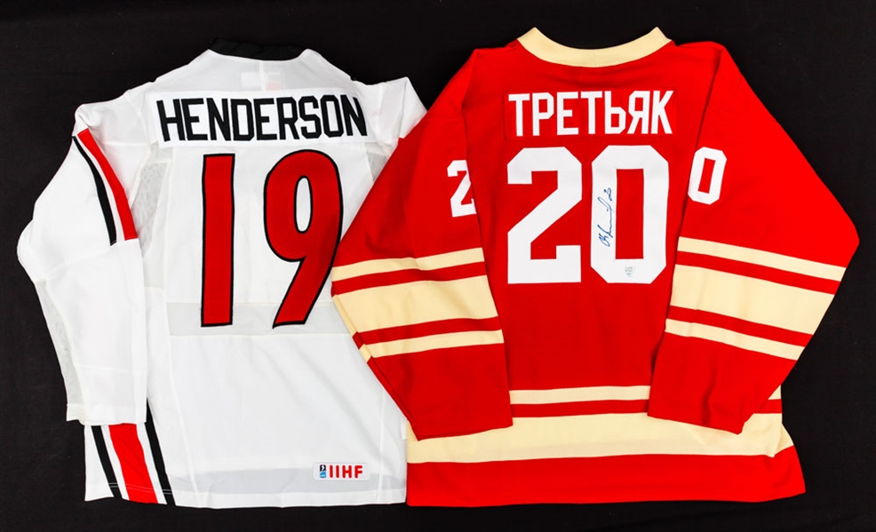 1972 Canada-Russia Series Hero Paul Henderson Signed Team Canada Modern-Style Replica Jersey Plus Vladislav Tretiak Signed CCCP Replica Jersey (COA) 
