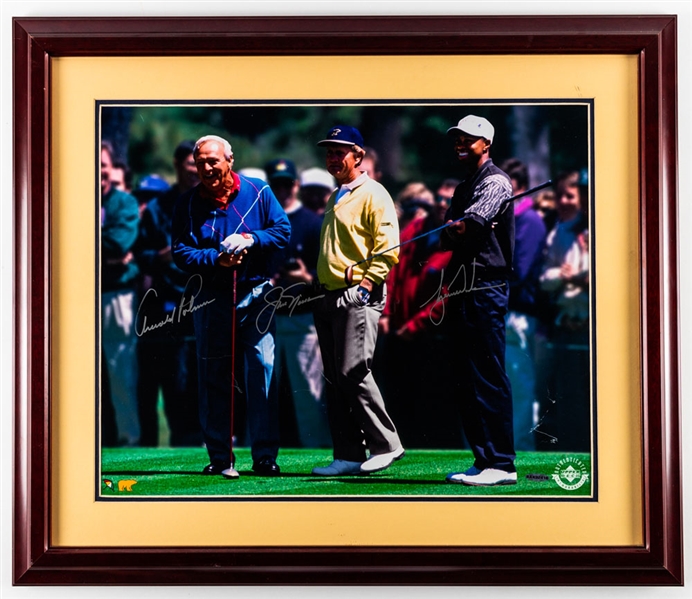 Jack Nicklaus, Arnold Palmer and Tiger Woods 1996 Masters Triple-Signed Framed Photo with UDA COA (23" x 27")