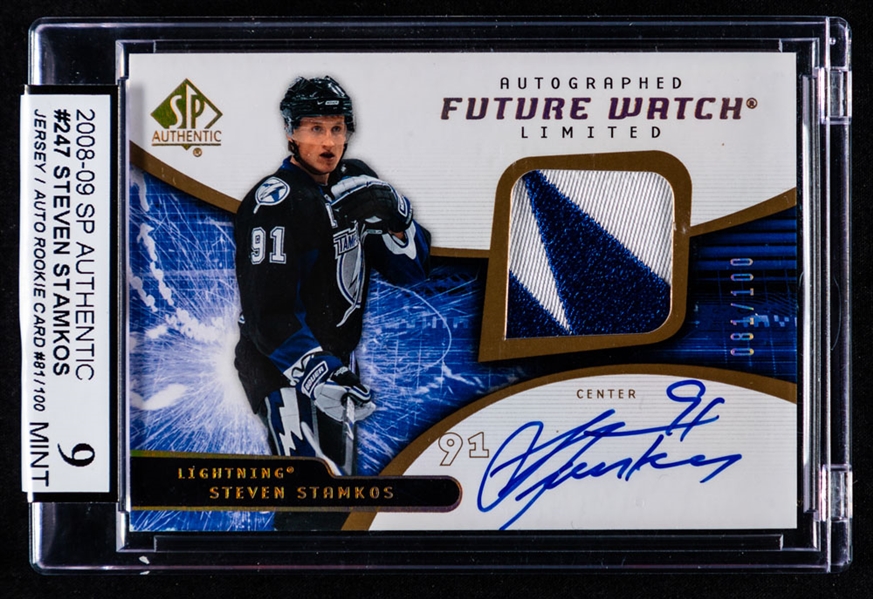 2008-09 Upper Deck SP Authentic Limited Autographed Patches Hockey Card #247 Steven Stamkos Rookie (81/100) – Graded KSA 9