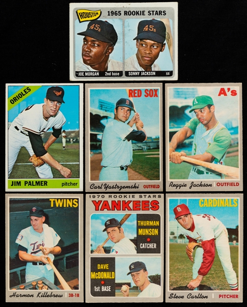 1965 to 1970 Topps and O-Pee-Chee Baseball Cards (7) Including 1965 Topps #16 Astros Rookies Joe Morgan/Sonny Jackson and 1966 Topps #126 Jim Palmer Rookie