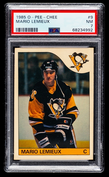 1985-86 O-Pee-Chee Hockey Card #9 HOFer Mario Lemieux Rookie - Graded PSA 7