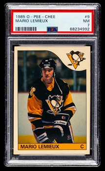 1985-86 O-Pee-Chee Hockey Card #9 HOFer Mario Lemieux Rookie - Graded PSA 7