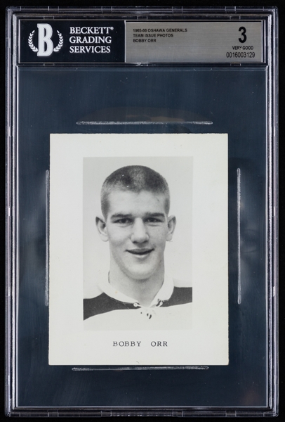 Ultra Scarce Bobby Orr 1965-66 Oshawa Generals Premium Photo-Card from Toronto Malboros Program - Graded Beckett 3