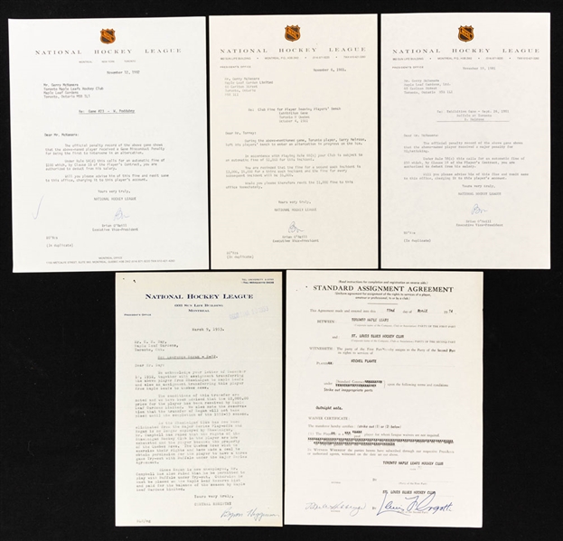NHL 1950s to 1980s Official Documents Collection of 5 including Letter Addressed to Hap Day and Signatures from HOFer Brian O’Neill 