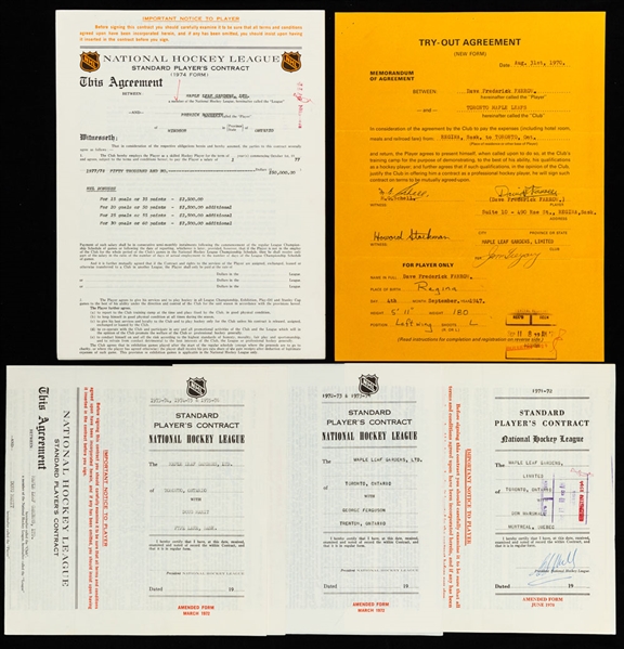 Toronto Maple Leafs 1970s Official NHL Players Contract and Document Collection of 5 with Deceased HOFers Clarence Campbell, John Ziegler and Jim Gregory Signatures
