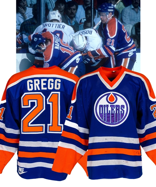 Randy Greggs 1985-86 Edmonton Oilers Game-Worn Jersey with Team LOA - Team Repairs!