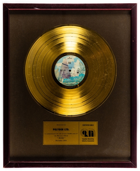 Canadian Progressive Rock Band Rush CRIA Certified Gold Award (50,000 Units Sold in Canada) for 1974 Self-Titled Debut Album "Rush"