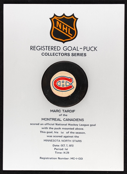 Marc Tardifs Montreal Canadiens October 7th 1972 Goal Puck on Plaque from the NHL Goal Puck Program - 1st Goal of Season / Career Goal #54
