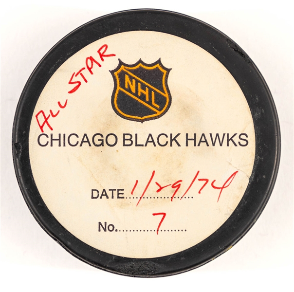 Garry Ungers 1974 NHL All-Star Game "West All-Stars" Goal Puck from the NHL Goal Puck Program - 1st All-Star Game Goal of Career - Game-Winning Goal - MVP of Game (7th Goal of the All-Star Game)
