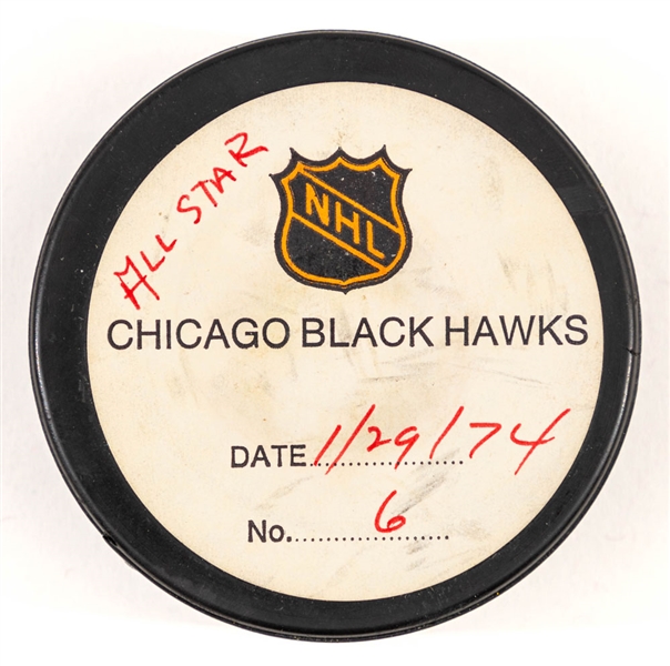 Stan Mikitas 1974 NHL All-Star Game "West All-Stars" Goal Puck from the NHL Goal Puck Program - 3rd All-Star Game Goal of Career  (6th Goal of the All-Star Game)