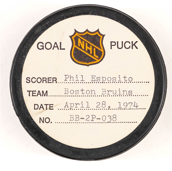 Phil Esposito’s Boston Bruins April 28th 1974 Playoff Goal Puck from the NHL Goal Puck Program - Season Playoff Goal #5 of 9 / Career PO Goal #42 of 61 