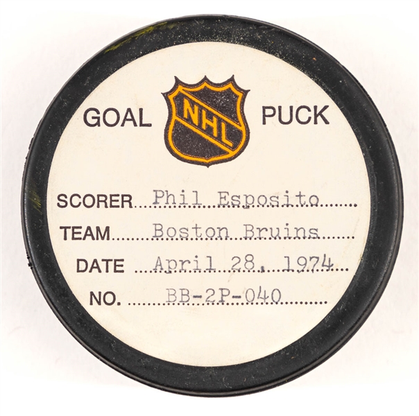 Phil Esposito’s Boston Bruins April 28th 1974 Playoff Goal Puck from the NHL Goal Puck Program - Season Playoff Goal #6 of 9 / Career PO Goal #43 of 61 - Assisted by Bobby Orr