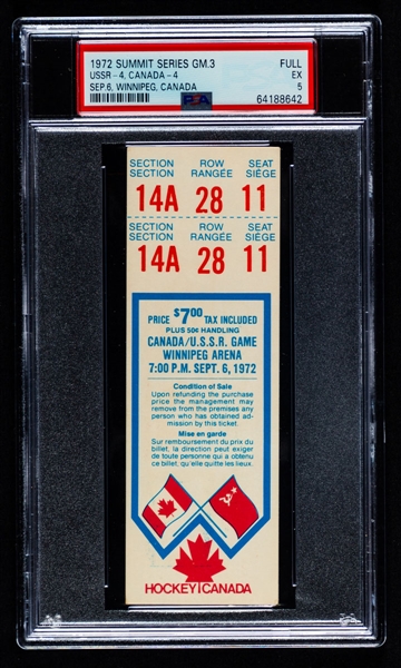 1972 Canada-Russia Series Game 3 Full Ticket from Winnipeg Arena (Blue Variation) - Graded PSA 5 - Highest Graded!