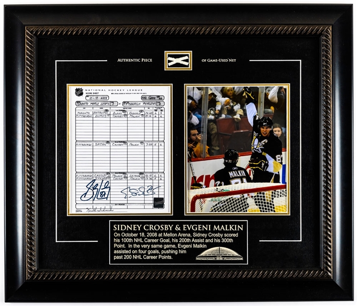 Sidney Crosby (100th Goal, 200th Assist and 300th Point) and Evgeni Malkin (200+ Points) Pittsburgh Penguins Signed Milestone Scoresheet Display with Game-Used Goal Net Piece (23" x 27")