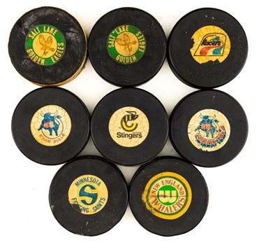 WHA 1972-79 Biltrite, Art Ross, CCM and Viceroy Game Puck and Souvenir Puck Collection of 15