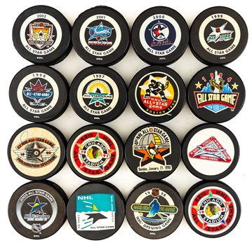 NHL All-Star Game 1990 to 2003 Game Puck Collection of 13 Plus 3 Additional Pucks
