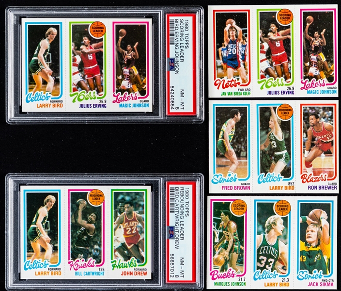 1980-81 Topps Basketball Complete 176-Card Set Including PSA-Graded Cards: Scoring Leader Bird Rookie/Erving/Johnson Rookie (PSA 8) and Rebounding Leader Bird Rookie/Cartwright/Drew (PSA 8)