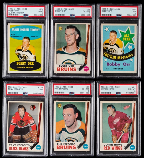 1969-70 O-Pee-Chee Hockey High Grade Near Complete Set (230/231) with PSA-Graded Cards (6) Including #24 HOFer Orr (PSA 6), #209 HOFer Orr Norris Trophy (PSA 9) and #138 HOFer Esposito Rookie (PSA 7)