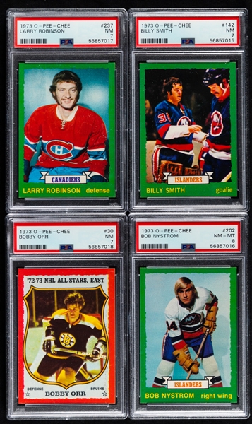 1973-74 O-Pee-Chee Hockey Complete 264-Card Set with PSA-Graded Cards (4) Including #237 HOFer Larry Robinson Rookie (PSA 7), #142 HOFer Billy Smith Rookie (PSA 7) and #202 Bob Nystrom Rookie (PSA 8)