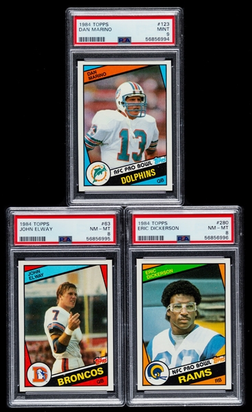 1984 Topps Football Complete 396-Card Set with PSA-Graded Cards of #63 HOFer John Elway Rookie (PSA 8), #123 HOFer Dan Marino Rookie (PSA 9) and #280 HOFer Eric Dickerson Rookie (PSA 8)