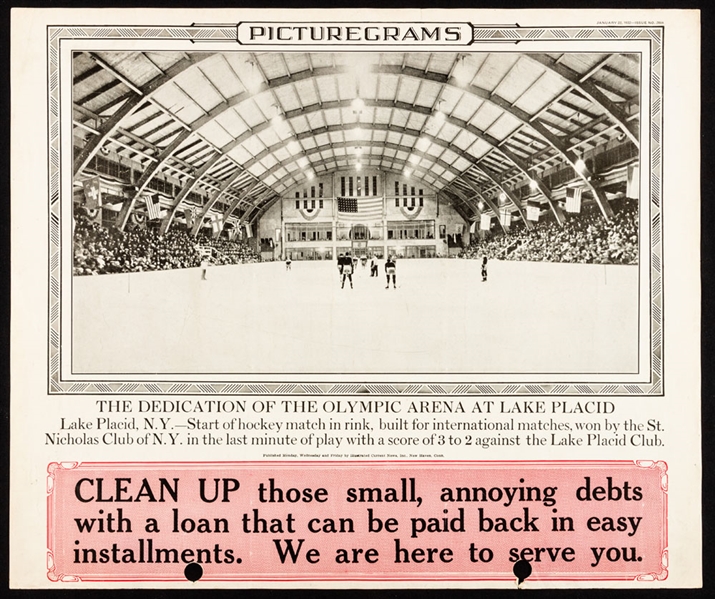 Olympic Arena Lake Placid 1932 Picturegrams Advertising Broadside – St Nicholas Club vs Lake Placid Club (16” x 19”) 