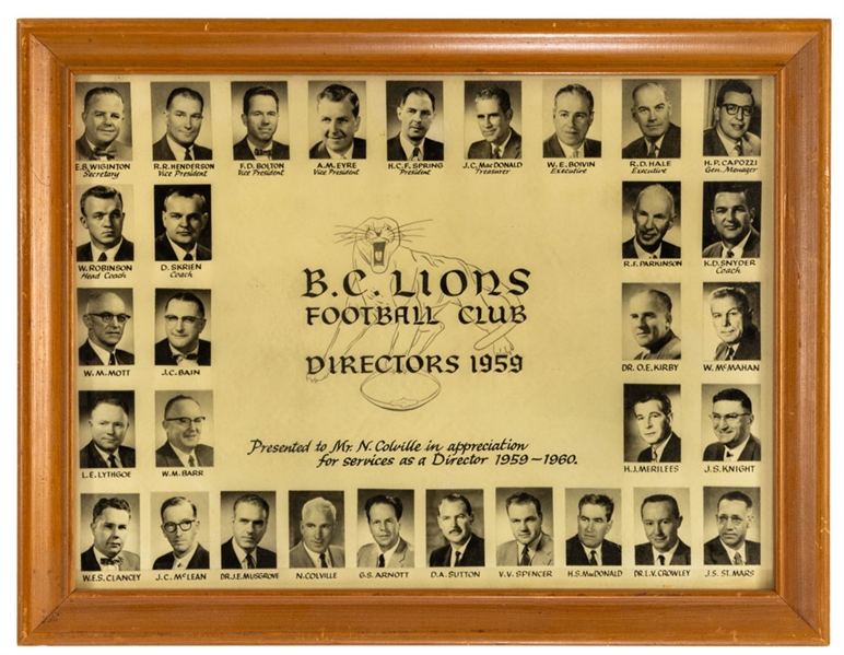 B.C. Lions CFL 1959 Directors Framed Display Originally Presented to Hockey HOFer Neil Colville (12” x 15”)