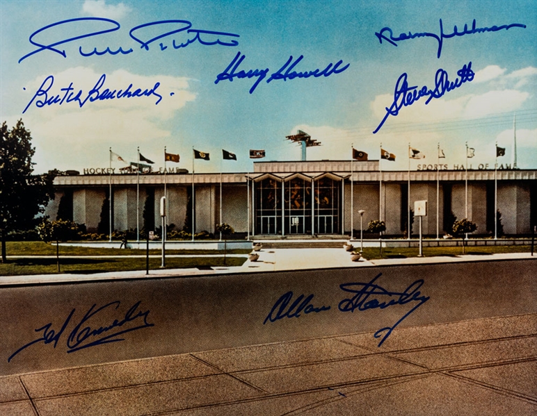 Hockey Hall of Fame Photo Signed by 7, Including Kennedy, Bouchard, Pilote, Howell, Stanley, Ullman & Shutt with LOA (11" x 14")