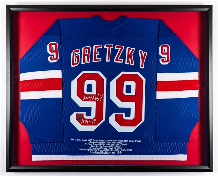 Wayne Gretzky Signed New York Rangers “1979-99 Career Stats Limited-Edition Framed Jersey #159/199 with WGA COA (33 ¾” x 41 ¾”)