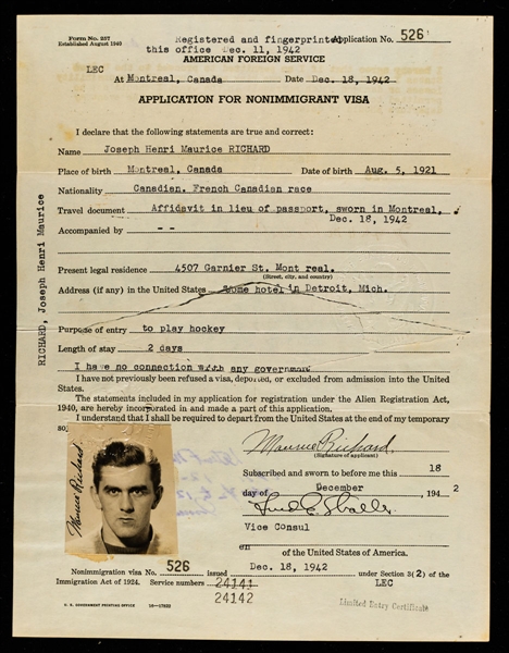 Maurice Richards 1942 Application for Non-Immigrant USA Document with Family LOA - Signed Three Times by Richard! - From His 1942-43 Rookie Season!