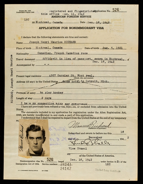 Maurice Richards 1942 Application for Non-Immigrant USA Document with Family LOA - Signed Three Times by Richard! - From His 1942-43 Rookie Season!