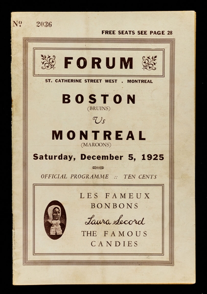 December 5th 1925 Montreal Forum Program - Montreal Maroons vs Boston Bruins - Maroons Stanley Cup Championship Season