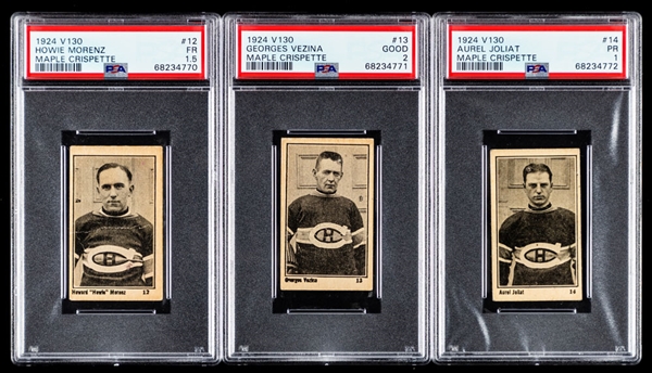1924-25 Maple Crispette V130 Hockey 29-Card Set Including PSA-Graded Cards of HOFers #12 Howie Morenz (FR 1.5), #13 George Vezina (Good 2) and #14 Aurele Joliat (PR 1)