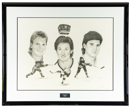Gretzky, Lemieux and Hull Triple-Signed Joe Theiss "50 Goals in Under 50 Games" Limited-Edition Framed Lithograph #71/1000 with COA (34 5/8” x 42 5/8”)