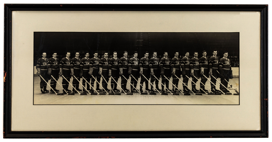 Montreal Canadiens 1945-46 Stanley Cup Champions Framed Team Photo with HOFers Maurice Richard, Bill Durnan, Elmer Lach, Buddy OConnor, Butch Bouchard, Toe Blake and Kenny Reardon (12 ½” x 24 ½”)