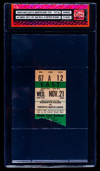 November 21st 1979 Maple Leafs Gardens Ticket Stub - Toronto Maple Leafs (4) vs Edmonton Oilers (4) - Wayne Gretzky Rookie Season (2 Goals and 2 Assists in Game) - iCERT Certified
