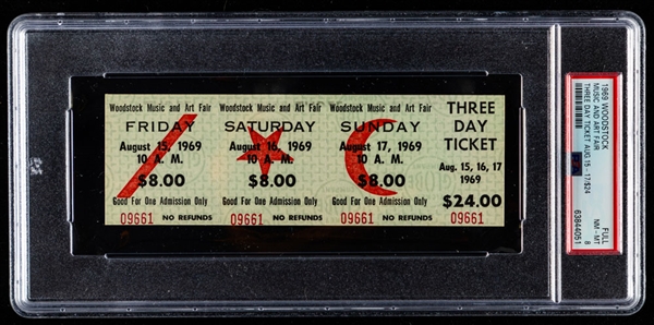 Historic 1969 Woodstock Music Festival Full 3-Day $24.00 Unused Ticket - Graded PSA 8 NM-MT