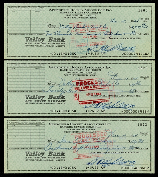 Deceased HOFer Eddie Shore Springfield Hockey Association Signed Mid-1960s Checks (3) with LOA