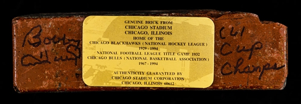 Bobby Hull Signed Original Chicago Stadium 1929-1994 Brick with Plaque and LOA - "61 Cup Champs" Annotation