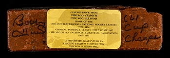 Bobby Hull Signed Original Chicago Stadium 1929-1994 Brick with Plaque and LOA - "61 Cup Champs" Annotation