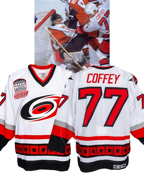 Paul Coffeys 1999-2000 Carolina Hurricanes Game-Worn Jersey - Raleigh Arena Inaugural Season and Chiasson Memorial "3" Patches! - Photo-Matched!