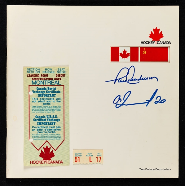 1972 Canada-Russia Series Game #1 Montreal Forum Ticket Stub and Exchange Certificate Plus Official Program Signed by Henderson and Tretiak