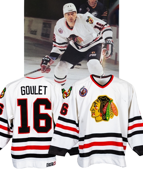 Michel Goulets 1992-93 Chicago Black Hawks Game-Worn Jersey - Centennial Patch! - Team Repairs!