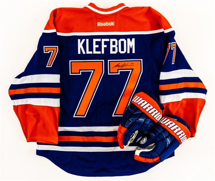 Oscar Klefboms 2015-16 Edmonton Oilers Signed "Hockey Fights Cancer" Game-Worn Jersey Plus 2018-19 Signed Warrior Game-Used Gloves with Team LOA