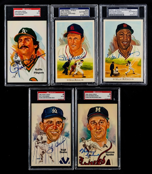 Perez-Steele 1981 to 1994 Signed Baseball Postcards (5) Including Musial, McCovey, Berra, Spahn and Fingers - All PSA/DNA or SGC Certified