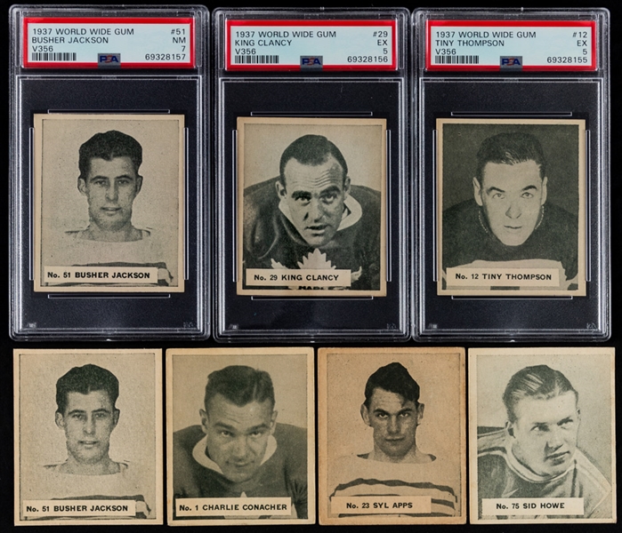1937-38 World Wide Gum V356 Hockey Cards (17) Including #1 HOFer Charlie Conacher (3) and PSA-Graded Cards of HOFers #12 Tiny Thompson (EX 5), #29 King Clancy (EX 5) and #51 Busher Jackson (NM 7)