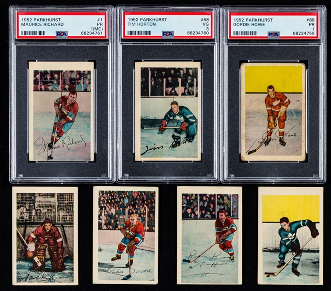 1952-53 Parkhurst Hockey Complete 105-Card Set Including PSA-Graded Cards of HOFers #1 Maurice Richard (PR 1 MC), #58 Tim Horton Rookie (VG 3) and #88 Gordie Howe (PR 1)