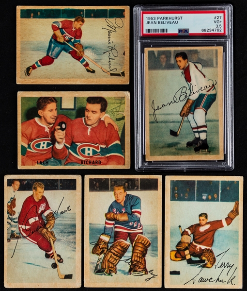 1953-54 Parkhurst Hockey Complete 100-Card Set Including PSA-Graded Card #27 HOFer Jean Beliveau Rookie (VG+ 3.5)